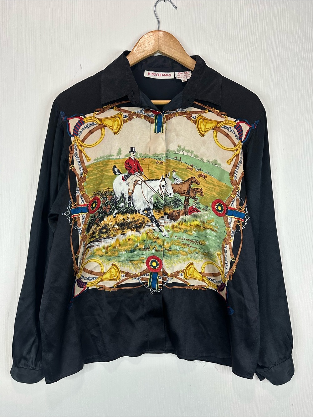 Jerri Sherman Vintage-Inspired Equestrian Silk Blouse - Black/Multi